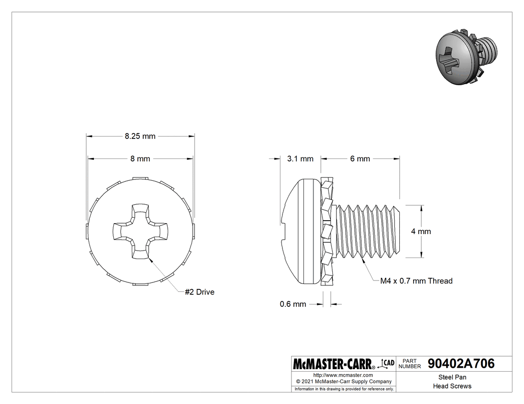 Technical Drawing of Steel Pan Head Screws, External-Tooth Lock Washer, M4 x 0.7mm Thread, 6mm Long.